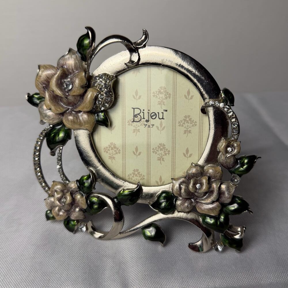 VTG Bijou Round Picture Frame 3x3 Silver Tone Enamel Rose Rhinestone Floral Gift